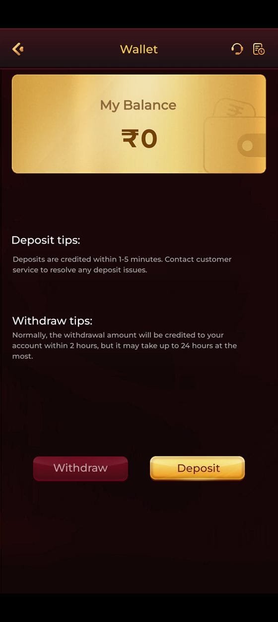 ix7 app wallet screen showing balance with deposit and withdraw tips